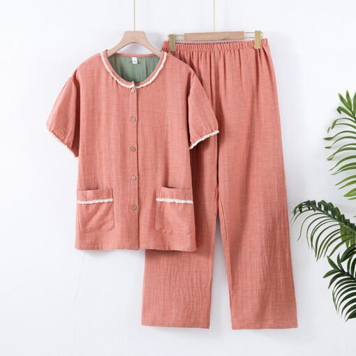 Vapetix M-XXL  New Cotton Gauze Jacquard Pajamas Women's Summer Cotton Yarn Round Neck Short Sleeve Trousers Home - 图片 5