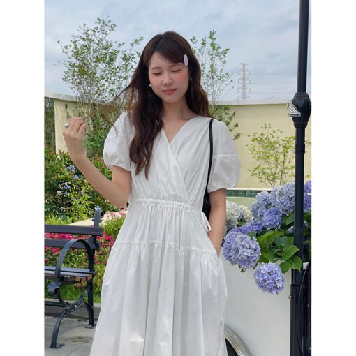 Vapetix One size fits all (80-130)-One size fits all (80-130)  [Bubble White Moonlight] Song Ming Retro Korean V-neck Waist Strap dress Women's Summer Midi Dress - 图片 4
