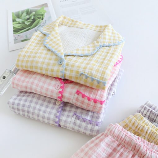 Vapetix M-XL  Cotton Yarn Shell Embroidered Plaid Short-sleeved Shorts Cardigan Two-piece Set Summer Thin Sweet H - Afbeelding 4