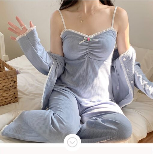Vapetix M-XXL  Pajamas Women with Chest Pad Spring and Autumn New 6535 Cotton Sweet Ins Sling Cardigan Trousers Th – Bild 7