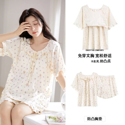 Vapetix M-2XL  Pajamas with Chest Pad Women's Summer New Short-sleeved Shorts Girls Cute Thin Comfortable Clouds C - obrazek 6
