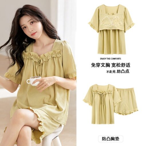 Vapetix M-2XL  Pajamas with Chest Pad Women's Summer New Short-sleeved Shorts Girls Cute Thin Comfortable Clouds C - obrazek 7