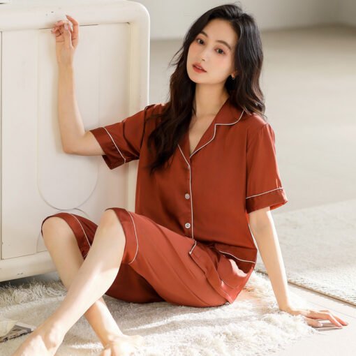 Vapetix M-2XL  High-end Pajamas Women's Summer Thin Ice Silk Short-sleeved Capri Pants Silk Mother Lapel Home Clot - 图片 2