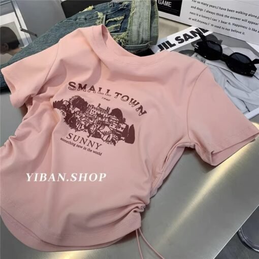 Vapetix M-2XL  Hot Girls Pleated Waist Slimming Printed Short-sleeved T-shirt Women's Design Sense Shoulder Round – Bild 5