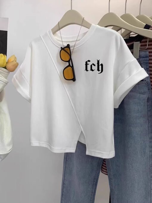 Vapetix M-2XL  Irregular Short Shoulder Short-sleeved T-shirt Women's Summer New Design Sense Small-sized Shoulder - Pilt 5