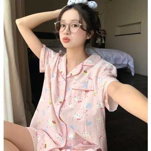 Vapetix M-XXL  Cloud Cotton Pajamas Women's Summer Short-sleeved Cute Pink KT Cat Short-sleeved Cartoon Cute Stude - Obrázek 5