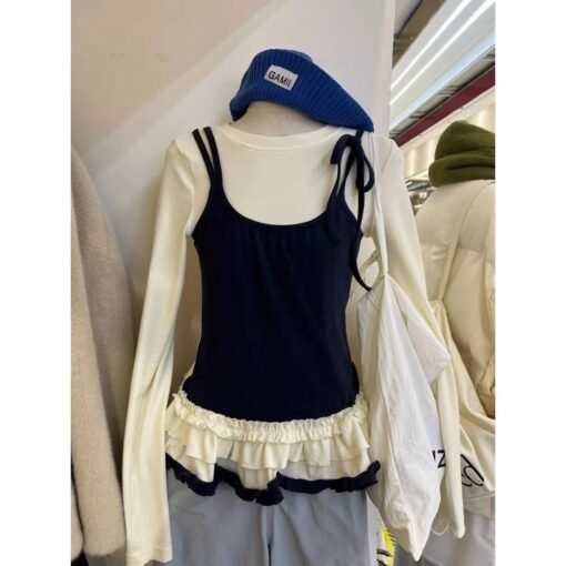 Vapetix S-2XL  Super-feel Model Cotton Fake Two-piece Strap Stitching Contrast Color Fake Two-piece Slim Outer Wea - 图片 6