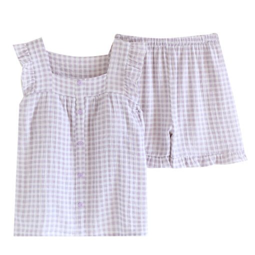 Vapetix M-XL  Chest Pad Small Fly Sleeves Plaid Camisole Shorts Double-layer Cotton Yarn Thin Sweet Loose Home Cl – Bild 7