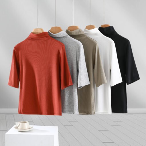 Vapetix M-XXL  Threaded semi-high collar half-sleeve T-shirt women's summer outer wear thin mid-sleeve top slim in - Image 4
