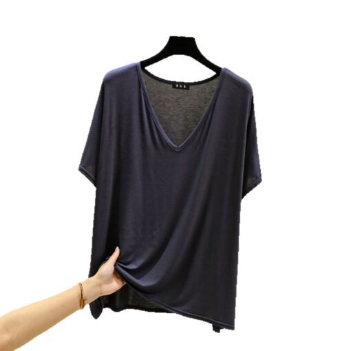 Vapetix One size fits all-Large size  Summer New Women's Solid Color Cotton Modal Thin V-neck Shoulder Short Sleeve Korean Style Sweet To - 图片 7
