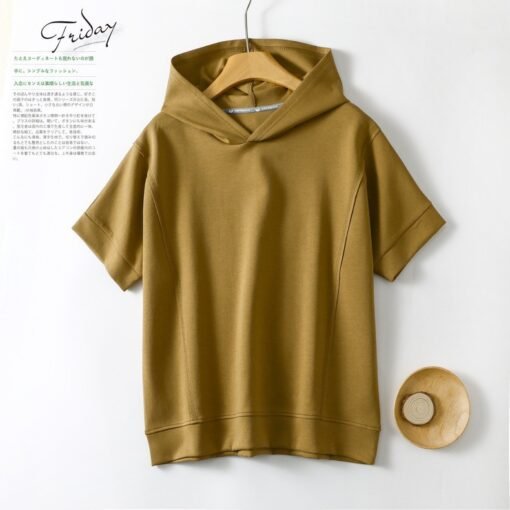 Vapetix L-XXL  Air Layer Solid Color Hooded Short-sleeved T-shirt Women's Summer Thin plus size Loose Slimming All - 图片 4