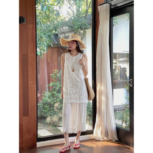 Vapetix One size fits all (80-120)-One size fits all (80-120)  [Flower Shadow] Song Ming design lace embroidery vest skirt women's summer new loose dress N157C - 图片 6