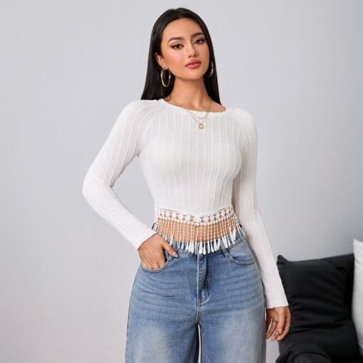 Vapetix S-XL  Foreign Trade Cross-border Women's 2024 Autumn and Winter New Simple Knowledge Style T-shirt Tassel - Image 4
