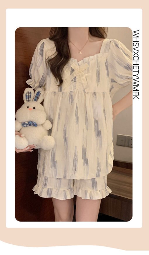 Vapetix M-XXL  Pajamas with Chest Pad Women's Summer Short-sleeved Shorts Cloud Cotton High-end Sense Striped Home - 图片 4