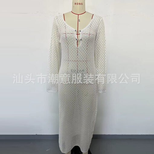 Vapetix S-L  Cross-border European and American New Hollow Texture V-neck Round Button Long Sleeve Holiday Long - 图片 7