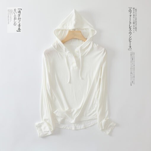 Vapetix M-XXL  Autumn New Modal Thread Long Sleeve Hooded Button T-Shirt Women's Loose Casual Top Inner Base Shirt - 图片 5