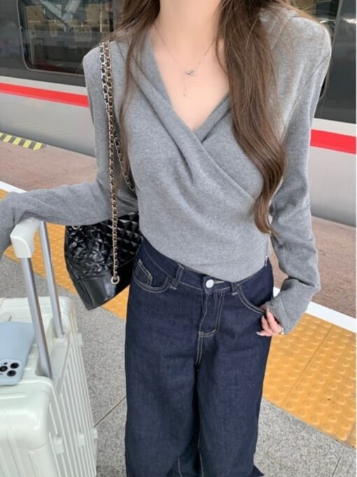 Vapetix S-XL  Grey Hooded Cross Long-sleeved T-shirt Women's Autumn New plus size chubby girl Slim-fit Slimming D - 图片 5
