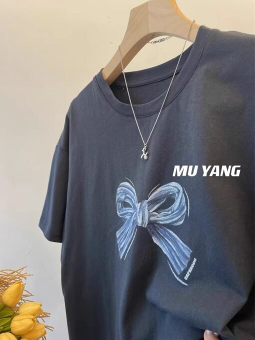 Vapetix M-3XL  European Ins Trendy Brand Niche Design Sense Bow Printed Short-sleeved T-shirt Women's Summer and H – Bild 3