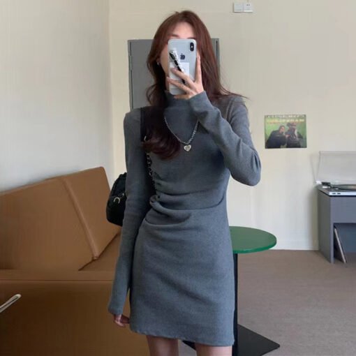 Vapetix S-XL  Design-Sense Half-High Collar Pleated Base dress Women's Spring Autumn and Winter Elegant Slim-Fit - 图片 2