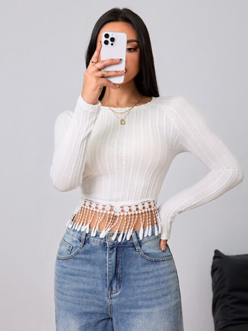 Vapetix S-XL  Foreign Trade Cross-border Women's 2024 Autumn and Winter New Simple Knowledge Style T-shirt Tassel - Image 6