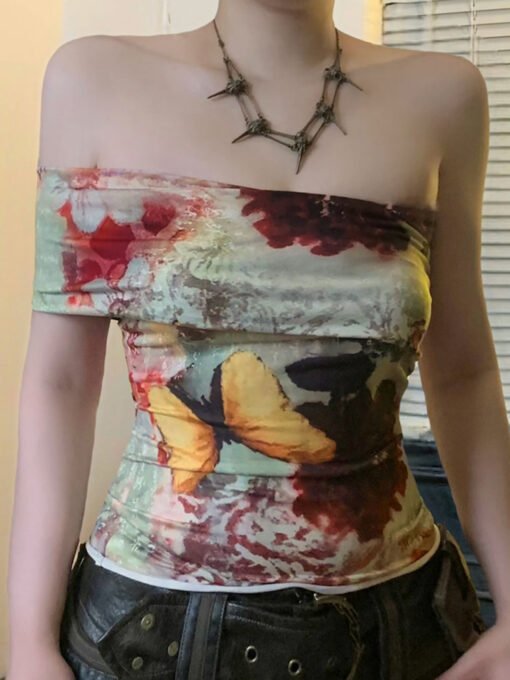 Vapetix S-L  Antique Butterfly Tie-Dye Printed One-Shoulder Asymmetrical Strapless Top Niche Spice Girl Style Ti - Image 6