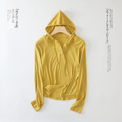 Vapetix M-XXL  Autumn New Modal Thread Long Sleeve Hooded Button T-Shirt Women's Loose Casual Top Inner Base Shirt - 图片 6