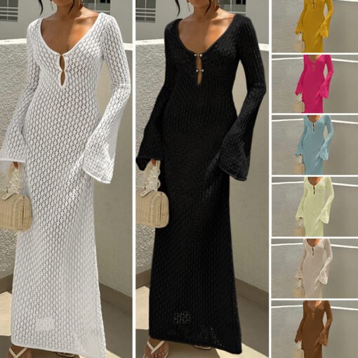 Vapetix S-L  Cross-border European and American New Hollow Texture V-neck Round Button Long Sleeve Holiday Long - 图片 9