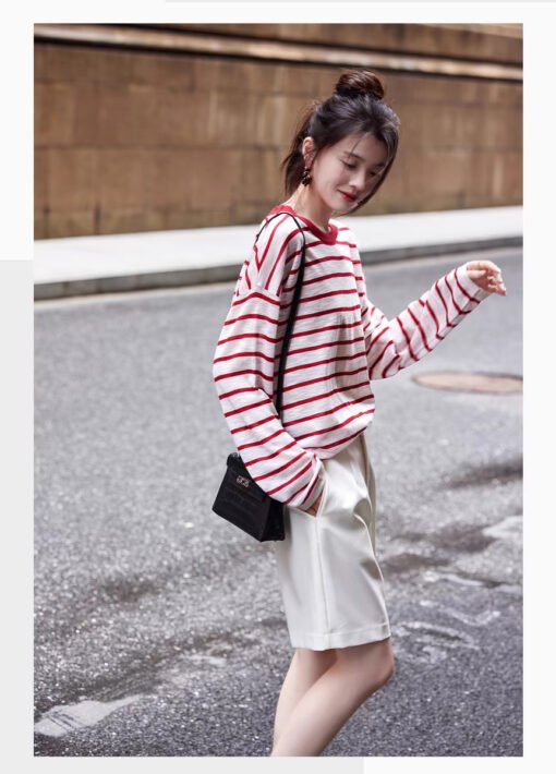 Vapetix One size fits all-One size fits all  SS STUDIO Summer Sun Protection Cool Air Sense Slub Striped Long Sleeve Round Neck Sweater Female S - Kép 3