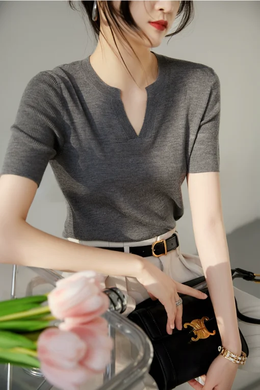 Vapetix M-L  Tencel Lysel Short-sleeved Sweater Top Summer and Autumn Simple Small V-neck Short-sleeved T-shirt - Billede 8