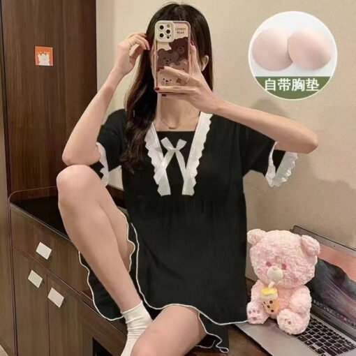 Vapetix M-XXL  Pajamas Women's Summer Court Style Short-sleeved Shorts Princess Style Headband Chest Pad Outwear C – Bild 3