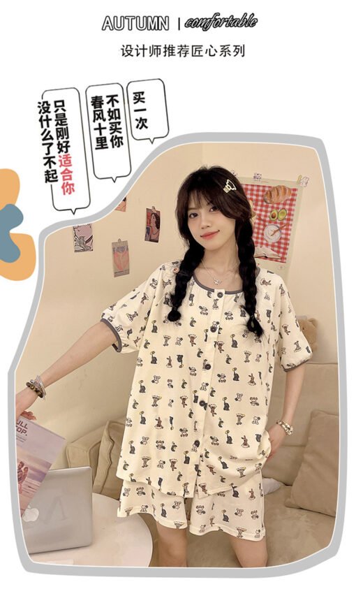 Vapetix M-2XL  2024 Summer New Arrival Pajamas Women's Pure Cotton Short-Sleeved Shorts suit Cute Cardigan Loose G - Obrázek 3