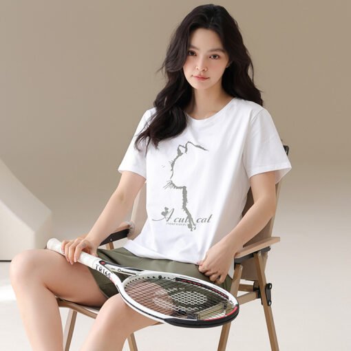 Vapetix M-2XL  Pajamas Women's Summer Cotton Short-sleeved Shorts Thin Summer Outwear Simple Cat Print Home Clothe - 图片 7