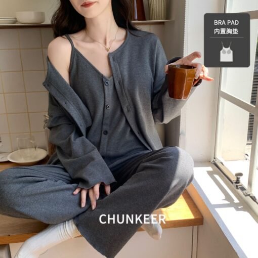Vapetix M-3XL  Vest with Chest Pad Three-Piece Pajamas Women's Spring and Autumn New Long-Sleeved suit Loose Plus – Bild 7