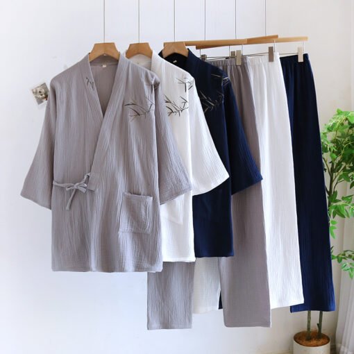 Vapetix M-XL  Japanese-style Chinese style pajamas men's kimono cotton gauze thin lace-up plus size 100.00kg home – Bild 9