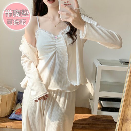 Vapetix M-XXL  Pajamas Women with Chest Pad Spring and Autumn New 6535 Cotton Sweet Ins Sling Cardigan Trousers Th – Bild 8