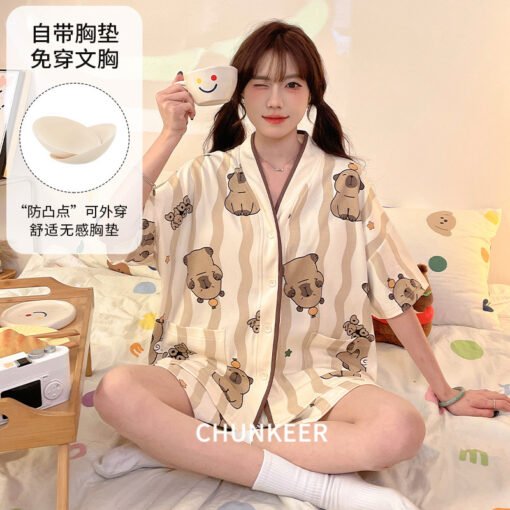 Vapetix M-3XL  Pajamas with Chest Pad Women's Summer Cardigan plus size Short-sleeved Shorts Pullover Thin Outwear - Billede 5