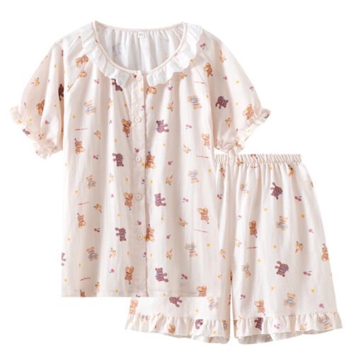 Vapetix M-XL  Summer Pure Cotton Gauze Pajamas Two-piece Set Thin Women Sweet Cute Cartoon Short-sleeved Shorts H - 图片 5