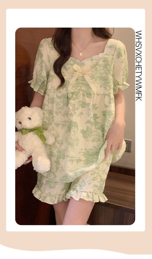 Vapetix M-XXL  Pajamas with Chest Pad Women's Summer Clouds Cotton Short Sleeve Shorts Sweet Bow Green Ink Paintin - 图片 6