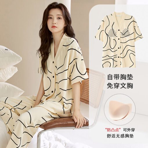 Vapetix M size (70-95 pounds)-XXXL size (145-155 pounds)  Pajamas Women's Summer Cardigan Short-sleeved Trousers with Chest Pad Fixed Cardigan Sweet Thin 202 - Kép 4