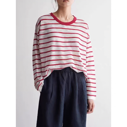 Vapetix One size fits all-One size fits all  SS STUDIO Summer Sun Protection Cool Air Sense Slub Striped Long Sleeve Round Neck Sweater Female S - Kép 9