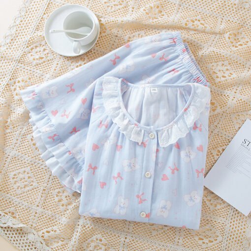 Vapetix M-XL  Summer Pure Cotton Gauze Pajamas Two-piece Set Thin Women Sweet Cute Cartoon Short-sleeved Shorts H - 图片 7