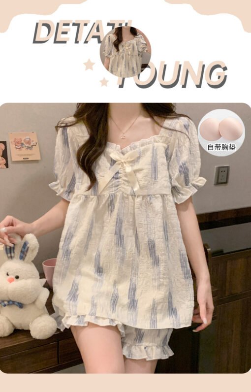 Vapetix M-XXL  Pajamas with Chest Pad Women's Summer Short-sleeved Shorts Cloud Cotton High-end Sense Striped Home - 图片 5