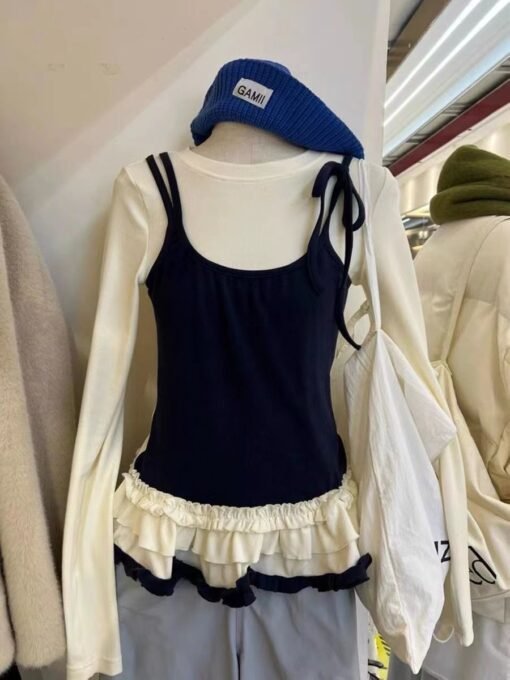 Vapetix S-2XL  Super-feel Model Cotton Fake Two-piece Strap Stitching Contrast Color Fake Two-piece Slim Outer Wea - 图片 8