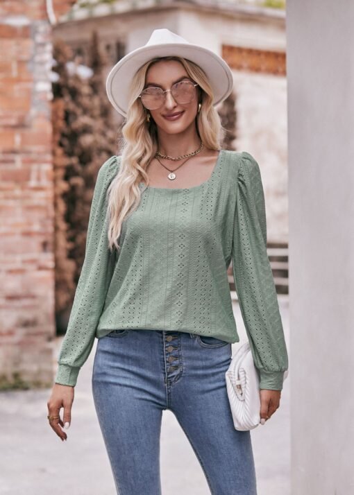 Vapetix S-XXL  Autumn 2023 New Cross-border European and American Women's Amazon Square Collar T-shirt Hollow Long - 图片 7