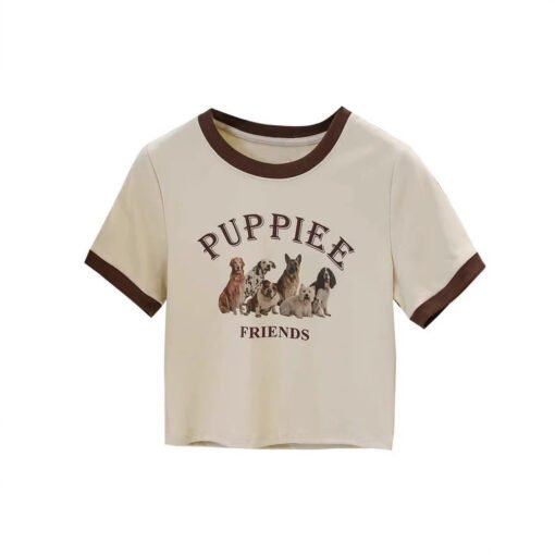 Vapetix M-2XL  Pure Desire Style American Style Retro Puppy Contrast Color Round Neck Short-sleeved T-shirt Women' - Pilt 4