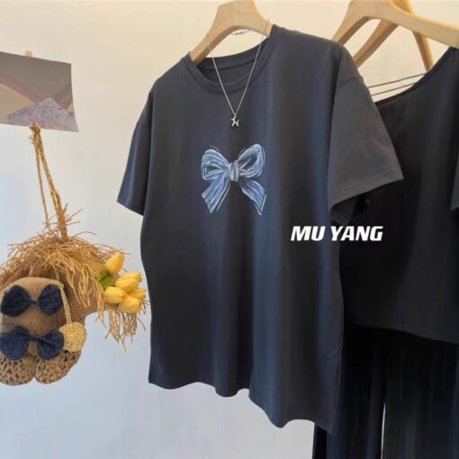 Vapetix M-3XL  European Ins Trendy Brand Niche Design Sense Bow Printed Short-sleeved T-shirt Women's Summer and H – Bild 4