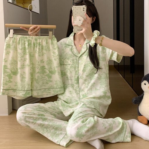 Vapetix M-XXL  Summer High-end Retro Ink Painting with Chest Pad Pajamas Women's 2025 New Short-sleeved Three-piec - 图片 6