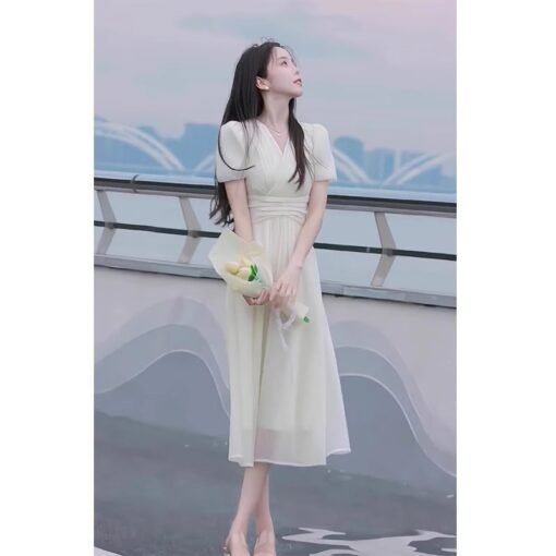 Vapetix S-XL  High-end French Elegant V-neck Puff Sleeve dress Children's Summer New Gentle Waist Slimming Dress - 图片 4