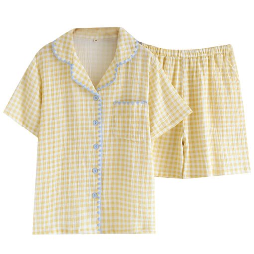 Vapetix M-XL  Cotton Yarn Shell Embroidered Plaid Short-sleeved Shorts Cardigan Two-piece Set Summer Thin Sweet H - Afbeelding 5