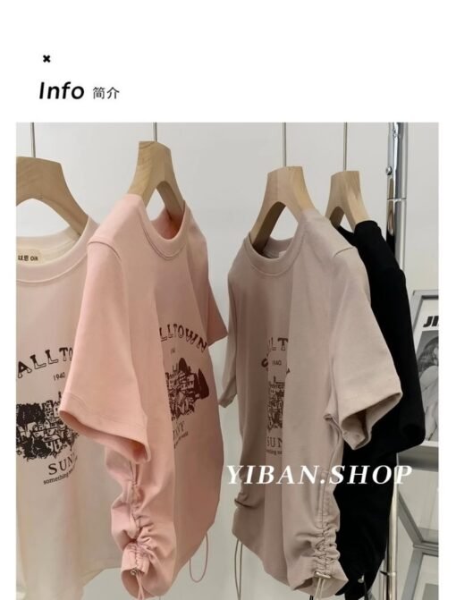 Vapetix M-2XL  Hot Girls Pleated Waist Slimming Printed Short-sleeved T-shirt Women's Design Sense Shoulder Round – Bild 7